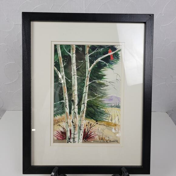 Genevieve K. Smolik Painting #941 Birches Cardinal Signed Hanging Framed Artwork - Picture 8 of 14